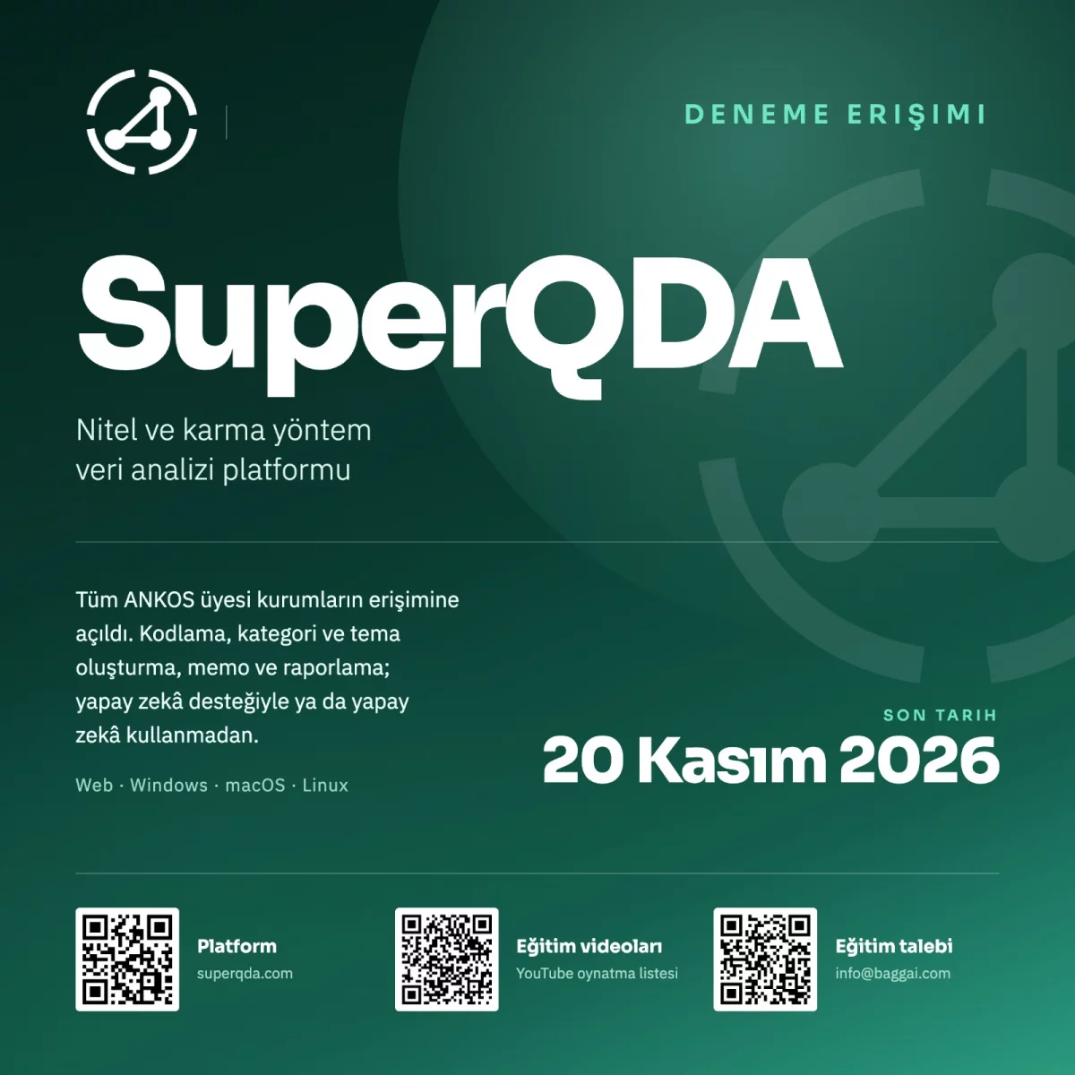 SuperQDA nitel ve karma yöntem veri analizi platformu masaüstü sürümü tüm kurumlarımıza 20 Kasım 2026 tarihine kadar deneme erişimine açılmıştır.